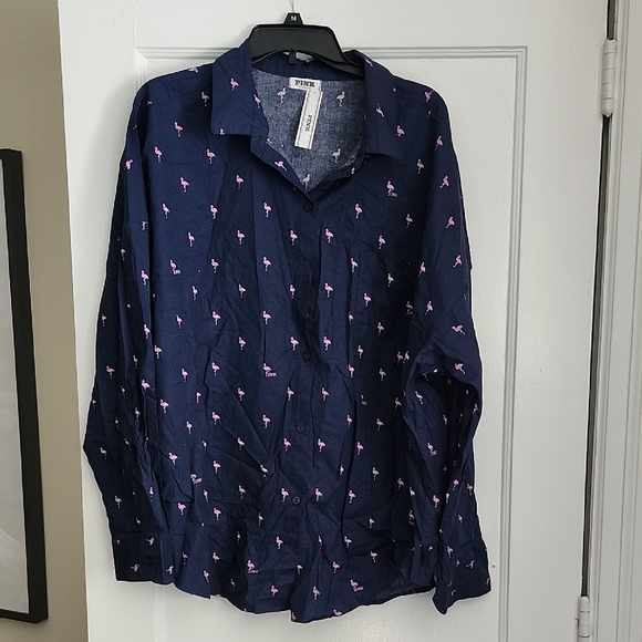 PINK Victoria's Secret Button Down Longsleeve Shirt with Pink Flamingos - Picture 1 of 10